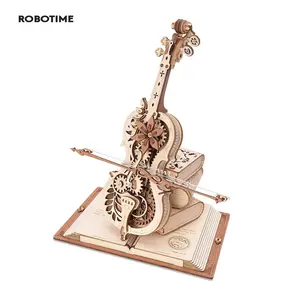 Robotime ROKR 3D Wooden Puzzle Magic Cello Mechanical Music Box Moveable Stem Funny Creative Toys for Child Girls AMK63 Moveable Cello