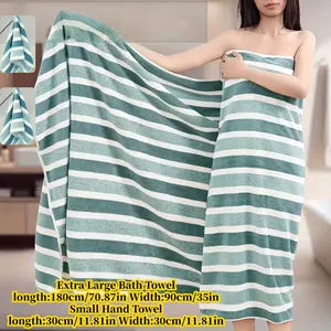 3pcs Oversized Bath Towels set with a Three-Color Stripe Design, 35 X 70 inch.  Includes 1 Large Bath Towel +2 washcloty.   Absorbent, Fluffy Fabric Soft Striped Pattern Towel