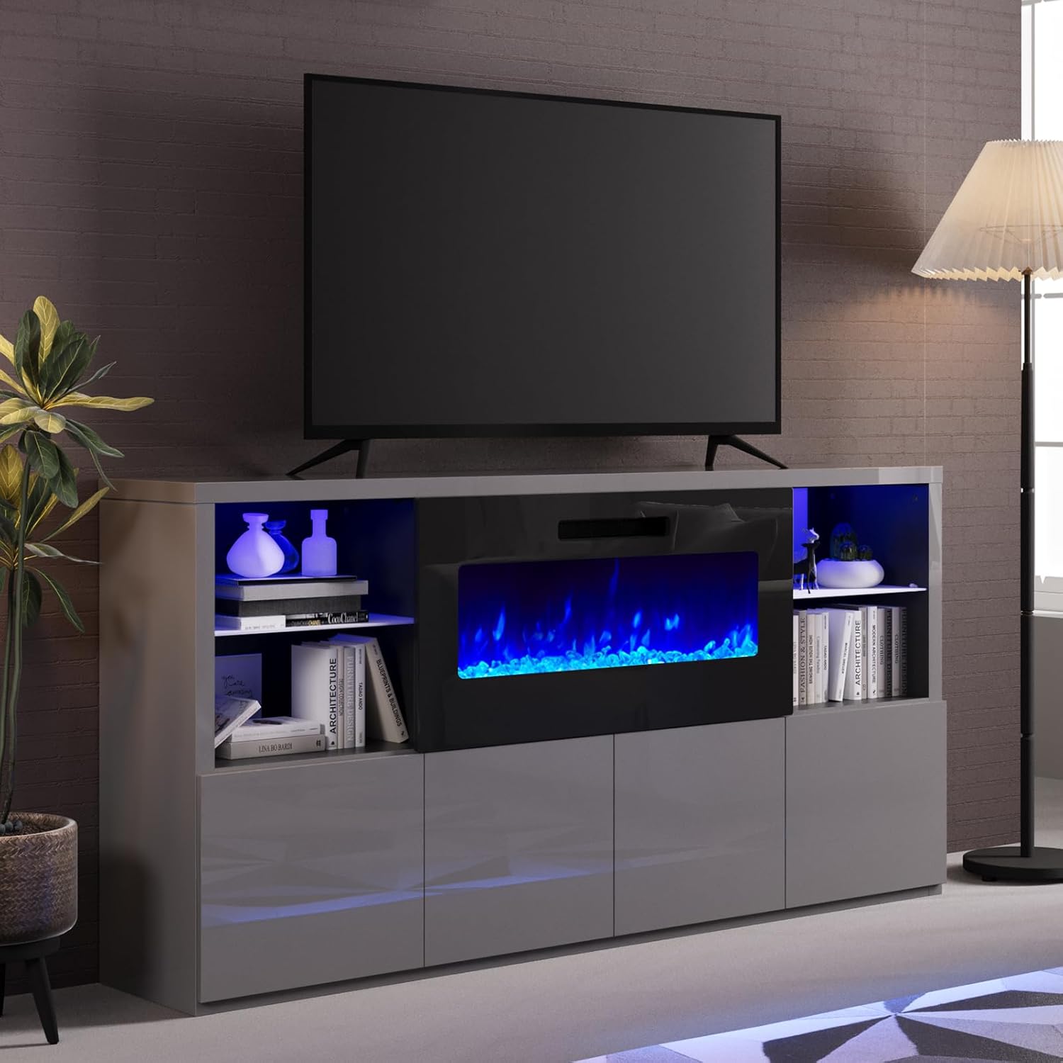 68" Modern High Gloss Fireplace TV Stand, Fireplace Entertainment Center with Fireplace & LED Lights for TVs up to 78",