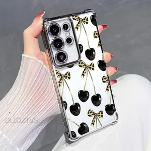 Black Cherry Leopard Print Bow Pattern Phone Case For Samsung Galaxy S26 Ultra S25 Plus S24 S23 FE S22 Electroplated Cover with Airbag Shockproof Slim Soft TPU Smartphone Casing Cover
