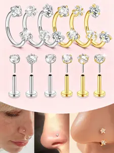 Unisex Stainless Steel Cz Nose Ring, Heart & Star Design, 18g U Shape Stud Earring, Fashionable Jewelry Gift for All Seasons, Nose Rings Set, Body Jewelry