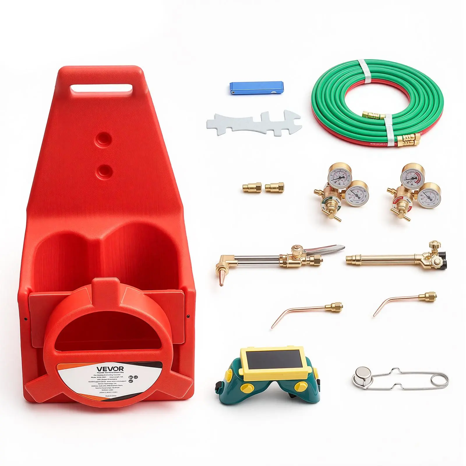 VEVOR Brass Oxygen-Acetylene Torch Kit with Check Valves, 15FT Twin-Hose Setup, 1 Cutting Tip, 2 Welding Tips, 2 Regulators, Cylinder Holder - Portable Brazing, Cutting, Metal Heating Set for DIY Enthusiasts for Metalwork Tasks