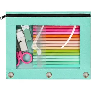 Pencil Pouch for 3 Ring Binder, Large Pencil Case Pouch with 3 Reinforced Grommets, Pen Bag, Clear Window Pencil Case, Binder Accessories, Mint Green
