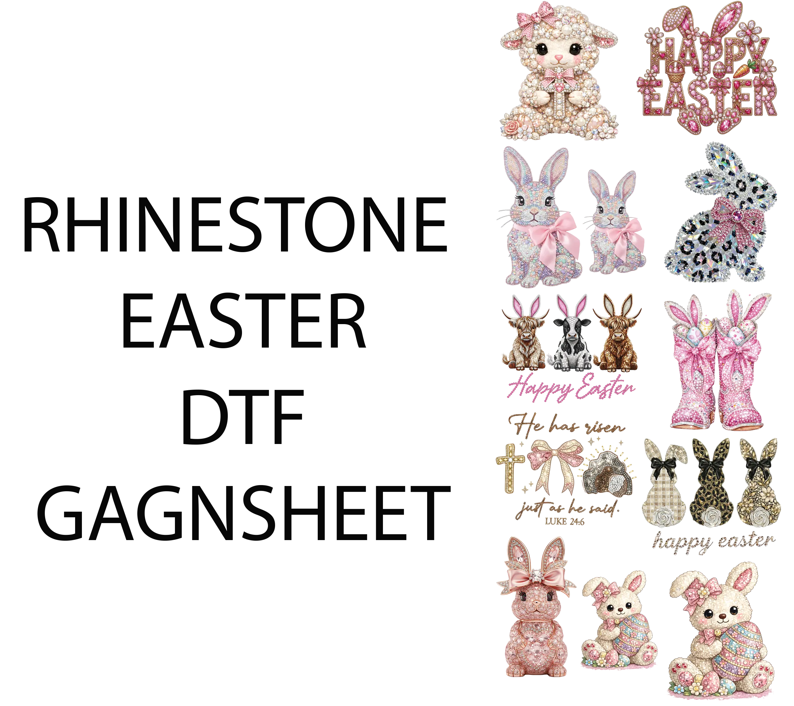 RHINESTONE EASTER DTF GANSHEET FOR SHIRMAKING with Adorable Bunny Designs and Sparkling Rhinestones