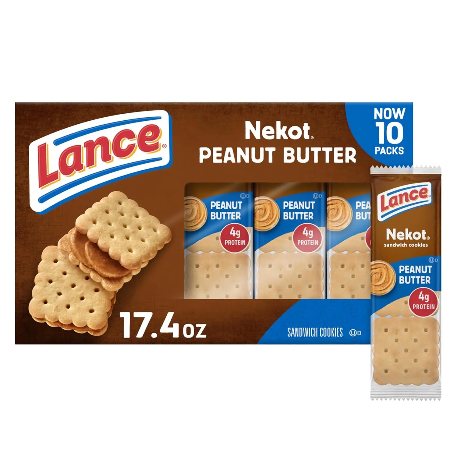 Nekot Peanut Butter Sandwich Cookies – 10 Packs, 6 Cookies Each, Individually Wrapped Snack Packs, Creamy PB Filling, Lunchbox Treat
