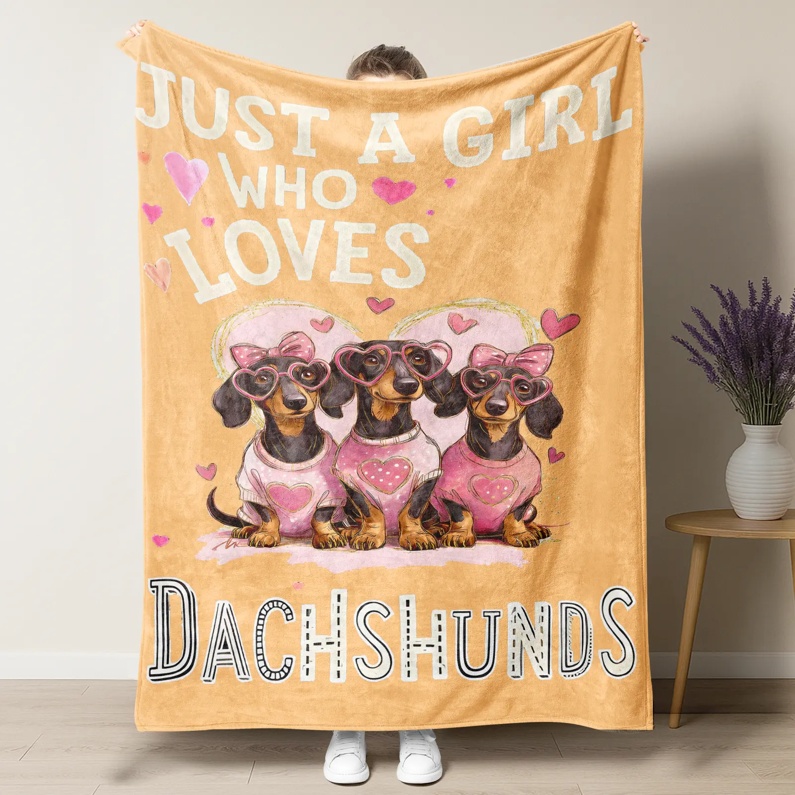 Just A Girl Who Loves Dachshunds Flannel Blanket – Ultra-Soft Warm Throw with Adorable Pink Heart Dachshund Trio Design, Perfect for Dog Lovers & Cozy Bedroom Decor, Great Gift for Dachshund Enthusiasts