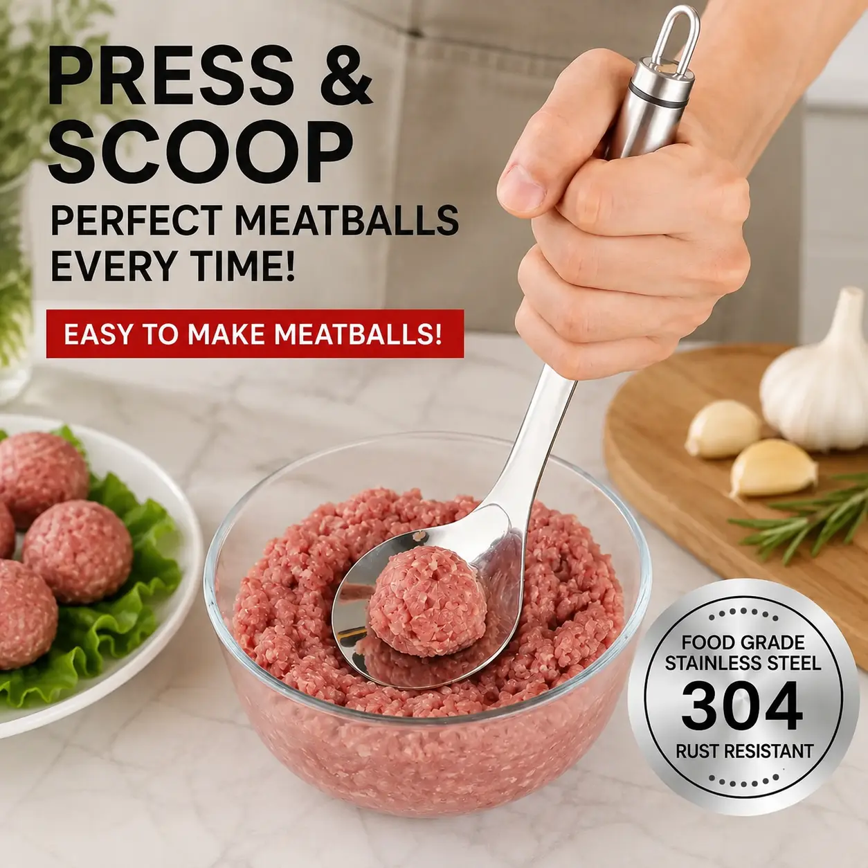 Stainless Steel Meatball Maker Spoon, Non-Stick Meat Ball Extrusion Scoop, Easy Squeeze Meatball Mold for Fish Balls, Shrimp Paste, Kitchen Cooking Gadget, Mess-Free Meatball Making Tool