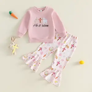 Toddler Baby Little Girl Easter Outfits Embroidered Long Sleeve Sweatshirt and Print Bell Bottoms 2 Pcs Set 1-6 Years