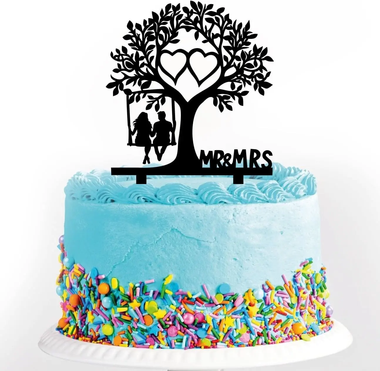 Funny Wedding Cake Topper - Couple on the Swing Under the Tree Cake Topper - Black Acrylic Mr & Mrs Cake Topper for Wedding/Anniversary/Bridal Shower Party Decor