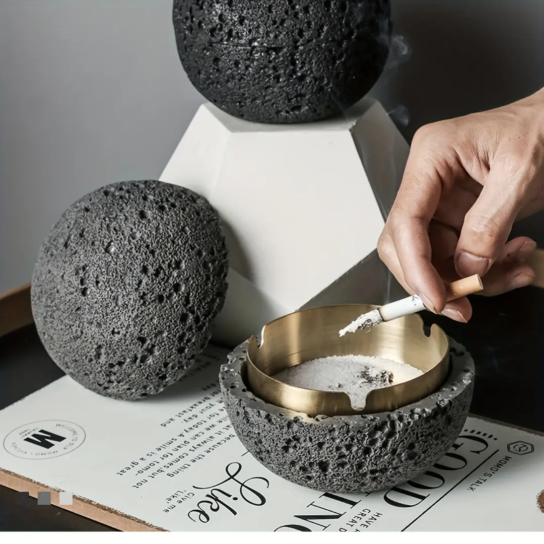Nordic Industrial Minimalist Concrete Ashtray - Artisan-Made Natural Texture, Removable Stainless Steel Bowl, Anti-Fly Ash Lid, Easy Clean, Durable Home Decor - Ideal for Living Room, Bar - Father's Day, Christmas Gift Idea, Removable Bowl