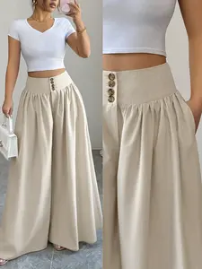 1 High Waist Button Fly Wide Leg Pants Women | Gathered Waist Flowy Palazzo Trousers | Old Money Office Casual Wear | High Waisted Tummy Control Trousers | Boho Summer Vacation Outfit