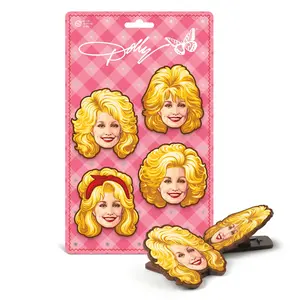 DOLLY PARTON BAG CLIPS, Set of 4, Iconic Hairstyles with Dolly Logo on Pink Gingham Gift-Ready Packaging