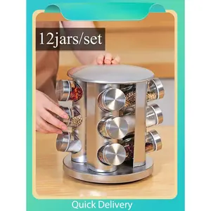 12pcs/set Silvery Stainless Steel Rotating Spice Jar Set, With 12 Glass Jars And A Revolving Stainless Steel Storage Rack For Countertop Use, Useful Kitchen Accessory For Organizing Spices And Seasonings