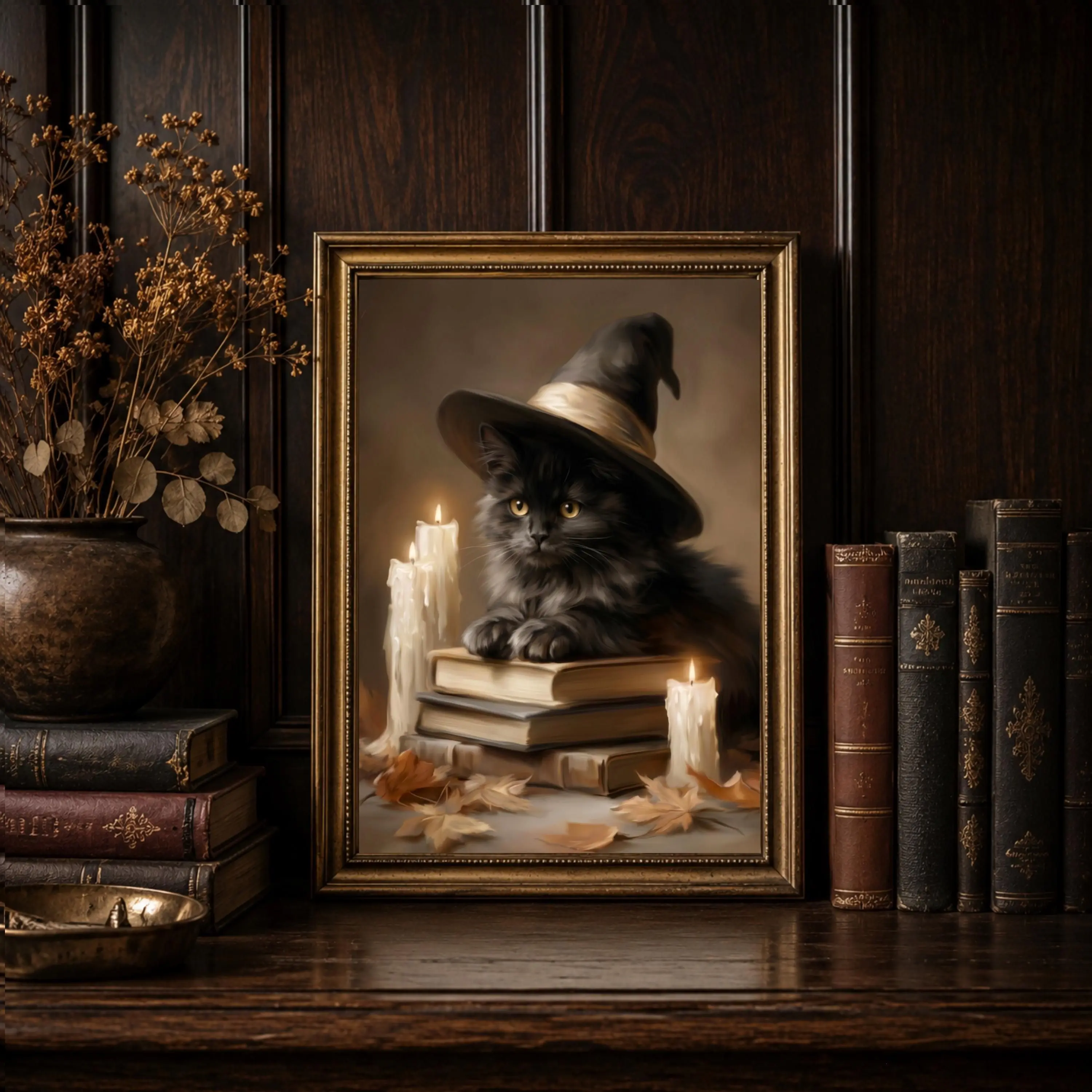 [SALE UP TO 40%] [Unframed] Black Cat Whimsigoth Wall Decor, Moody Bookish Cat Print, Dark Academia Cat Poster, Cottagecore Halloween, Witchy Wall Art, Book Nook Art