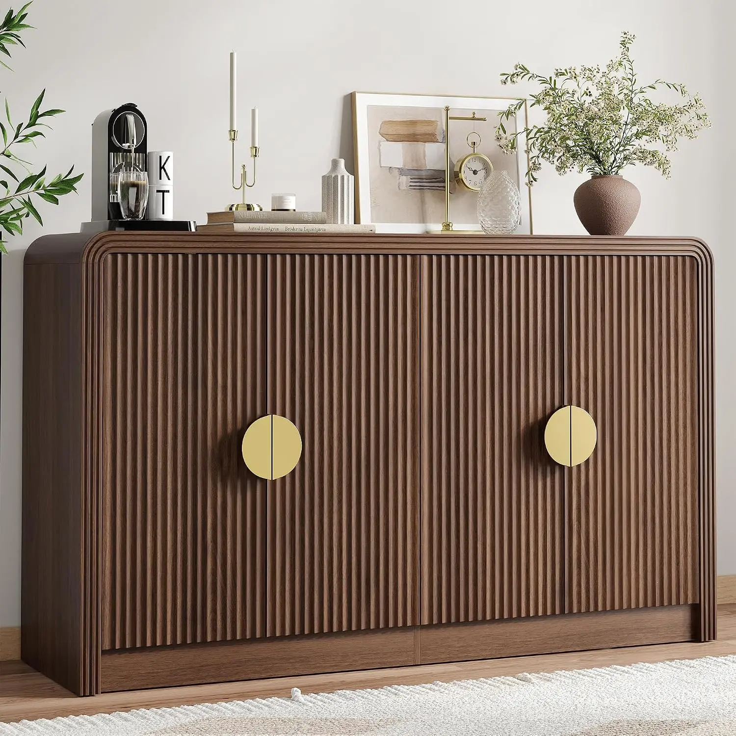 Decofy 55" Fluted Buffet Sideboard Cabinet, Modern Mid Century Console Cabinet with Adjustable Shelves & Wavy Grain Doors for Kitchen Cabinet Storage,Living Room,Entryway,Coffee Bar Cabinet