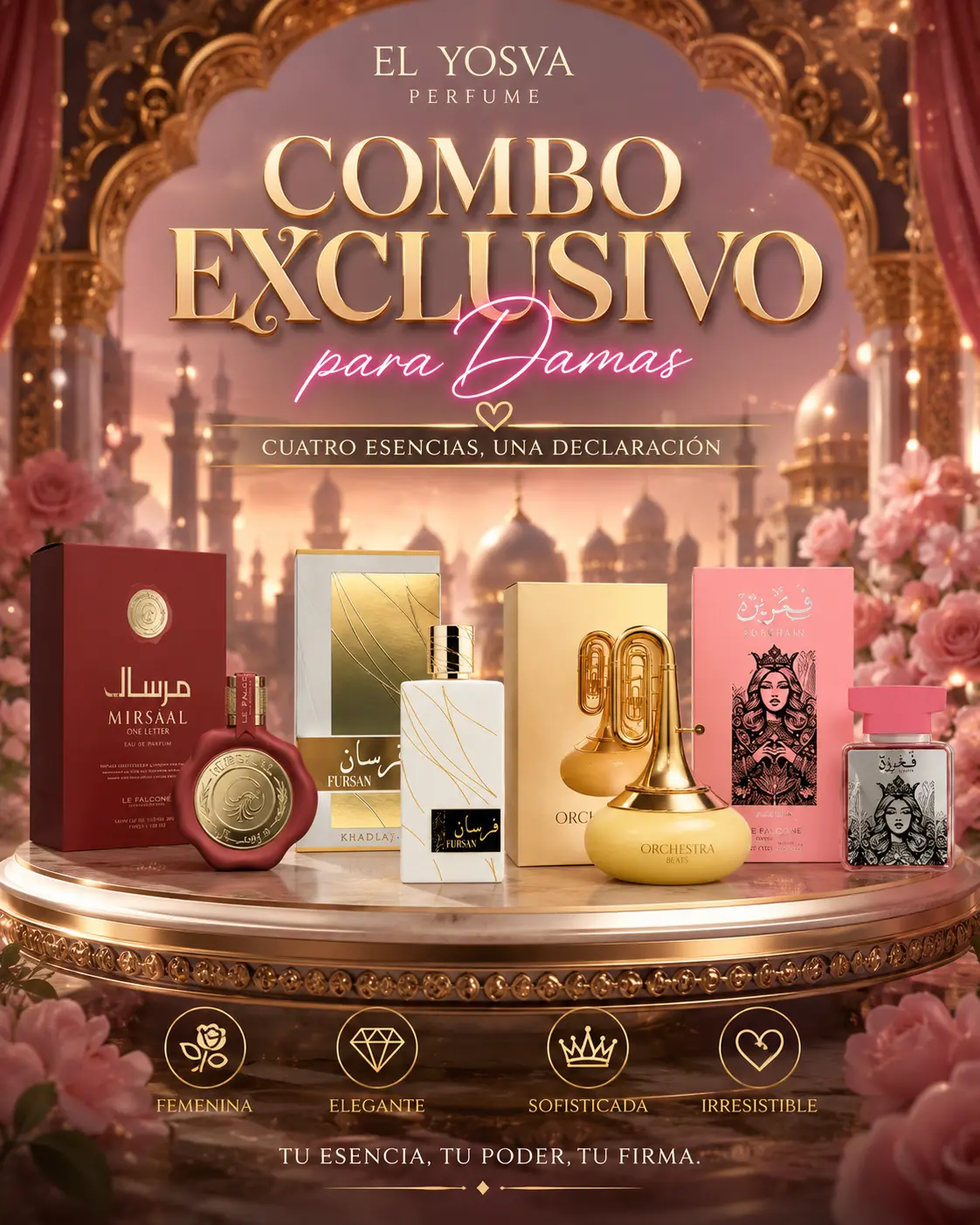 Yosvas Bundle | Qamarain Her + Le Chameau Elite Orchestra Beats + Khadlaj Fursan White + Mirsaal Love Letter | Unisex Fragrance | 100ml - 3.4Oz | Eau De Parfum | Candied Lemon- Orange Blossom, and Cactus Flower
