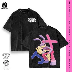 The Amazing Digital Circus Jax Shirt - Vintage Wash Oversized Cartoon Graphic Tees For Man & Women, Trendy Streetwear Hoodie, Premium Heavyweight Cotton, Black & Grey