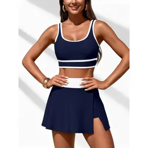 2026 Tankini Designed for Comfort - Flexible Navy Crop Top, Airy High-Waisted Skirt with White Details, Ideal for Relaxing at The Beach & Casual Swimming