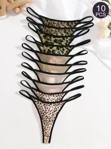 10Pcs Women's Sexy Fashion Leopard Print Thongs, Low-Waist Drop Design, Plain Fitted Style, All-Season Comfortable Underwear