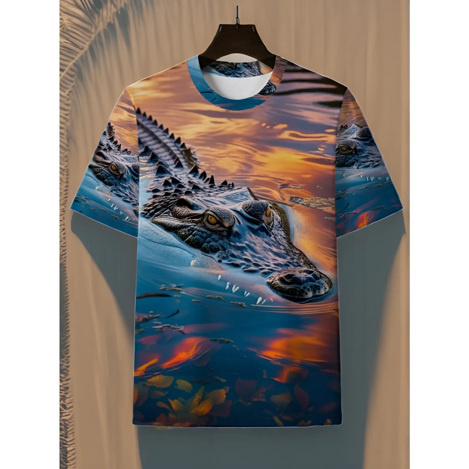 Men's 3D Digital Printed Polyester T-shirt, Vibrant Sunset Water Crocodile Print, Breathable Short-sleeve Round-neck Tee, Lightweight for Summer Outdoor Activities, Casual Daily Wear, Essential for Leisure and Home.