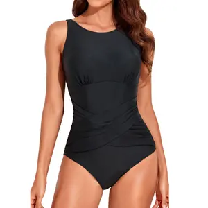 Smismivo High Neck Swimsuits for Women Modest One Piece Bathing Suit Tummy Control Padded Slimming Front Cross Swimwear