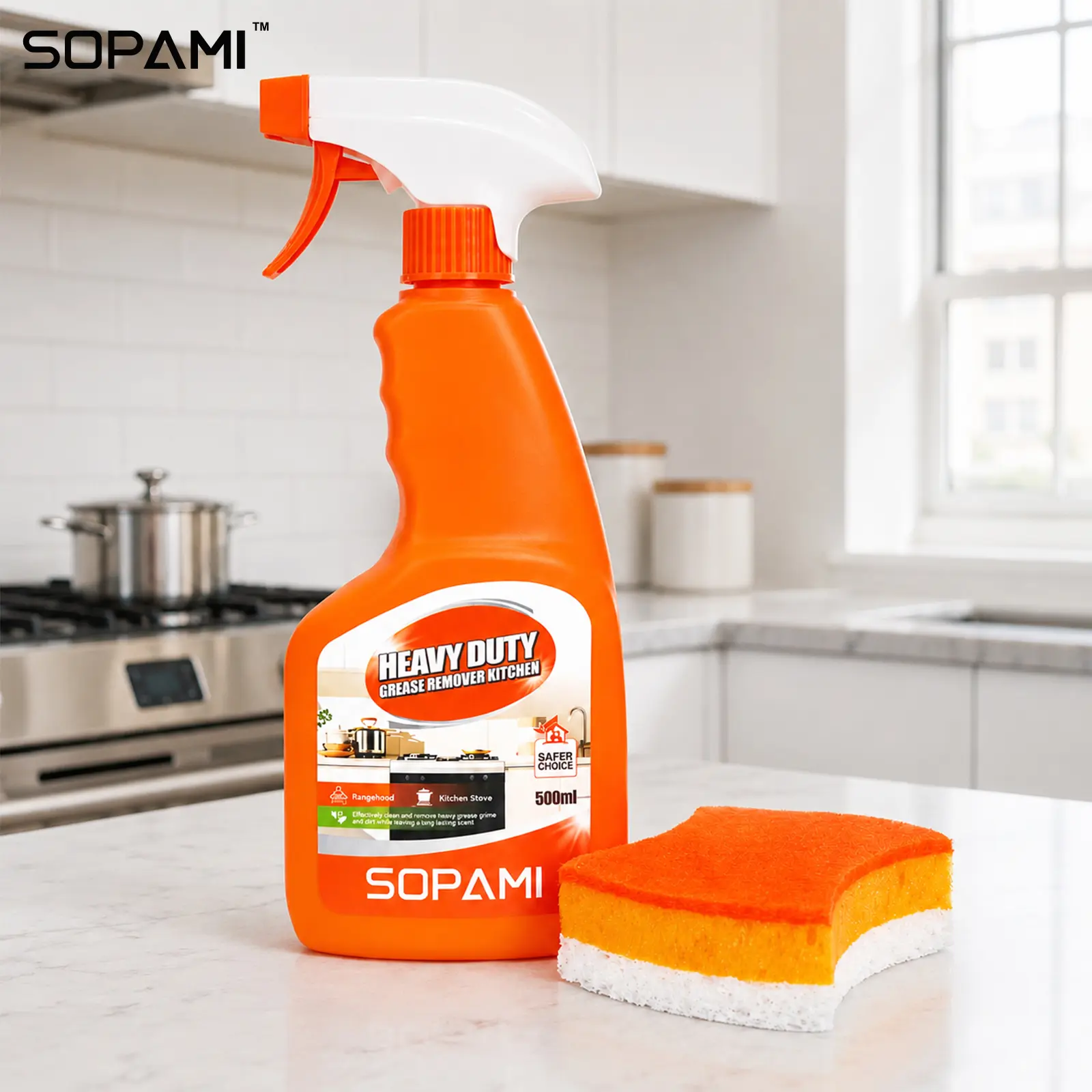 SOPAMI Heavy-Duty Kitchen Degreaser Spray, 500ml Foam Cleaner, Non-Toxic Phosphate-Free for Stove, Range Hood