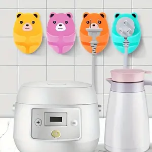 Cute Cartoon Bear Wall-Mounted Plug Holder Set, Strong Adhesive, Easy Installation, Fashion Plastic Kitchen & Bedroom Organizer, Bear Decor