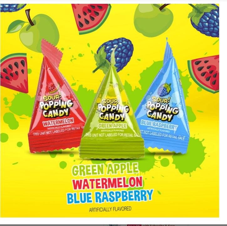 Sour Popping Rocks - 40 Count Bag - Sour Popping Halloween Candy Individually Wrapped - Assorted Fruit Flavors - Triangle Pouches - Blue Raspberry, Watermelon, Green Apple