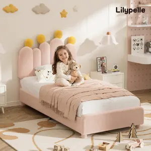 【Summervibes】Lilypelle Twin/Full Boucle Bed Frame with Headboard – Cactus Upholstered Platform Bed for Kids, Rounded Corners, Solid Wood Slats, No Box Spring Needed