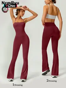 Women's Strapless Suspenders Flared Trousers Fitness Training Tights Sleeveless Yoga Trousers Peach Hip Sports Leggings Sexy Yoga Bodysuit Abdomen Tucking Fitness Quick Drying Outdoor Workout Suit Backless Sports Jumpsuit