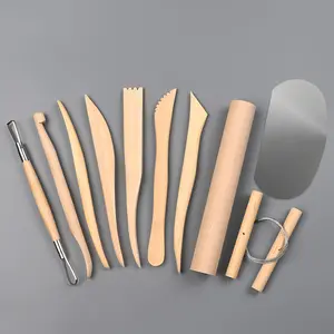 10 piece set of clay sculpture tools, including wooden handle, double headed wood carving knife, ceramic soft pottery tool, air dried clay tool, shaping knife, clay wire cutting knife, rolling pin, entry-level set, professional clay sculpture knife