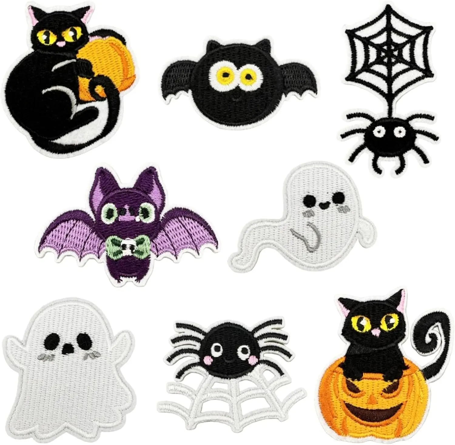 8 Pcs Halloween Embroidery Iron on Patches Cute Ghost Bat Spider Web Cat Pumpkin Sew on Emblem Applique Sewing Patch Gifts Clothes Small Repair Craft DIY for Party Jackets Hats Shirts Jeans Clothing Neon Spooky Halloween DTF Transfer Patches