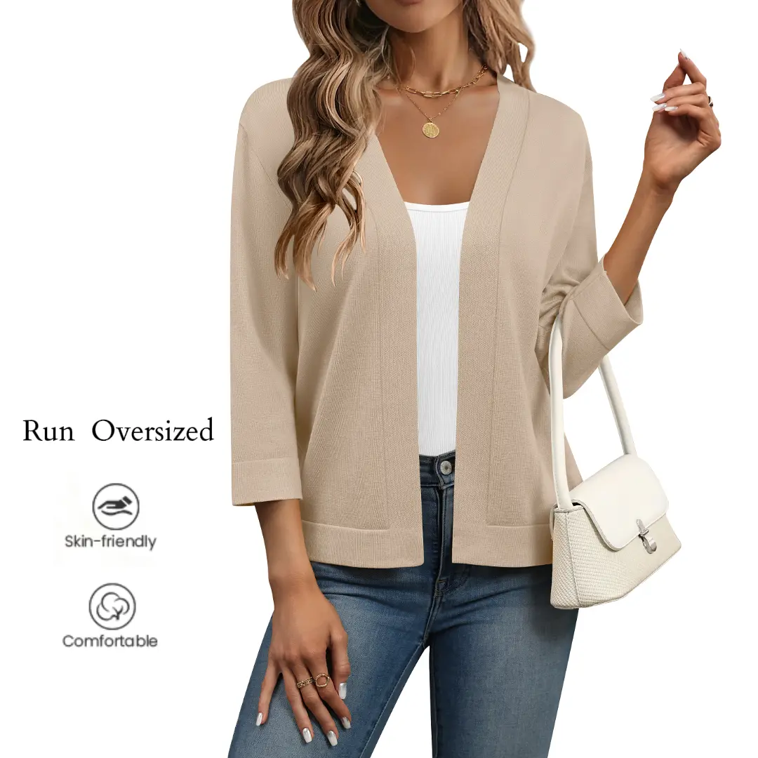 Women's 3/4 Sleeve Open Front Cropped Knit Cardigan Sweater Oversized Casual Bolero Shrugs for Dresses Summer Outfits 2026 sweater jacket for women summerwins Formal Chic