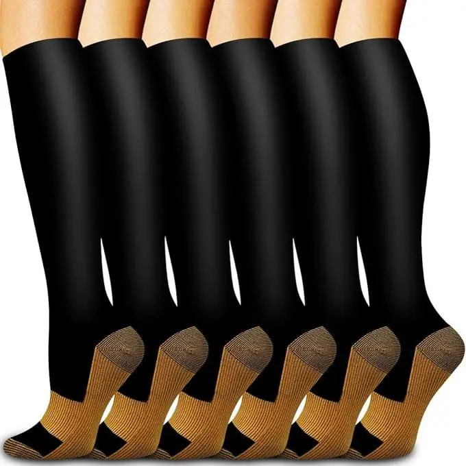 Men's & Women's 6-Pair High-Quality Compression Tubesocks - Sports Stockings, Polyester Socks, Bigwig Antislip Knee-High Support Socks, Closed Toe, Lightweight Moisture-Wicking Fabric, for Running, Hiking