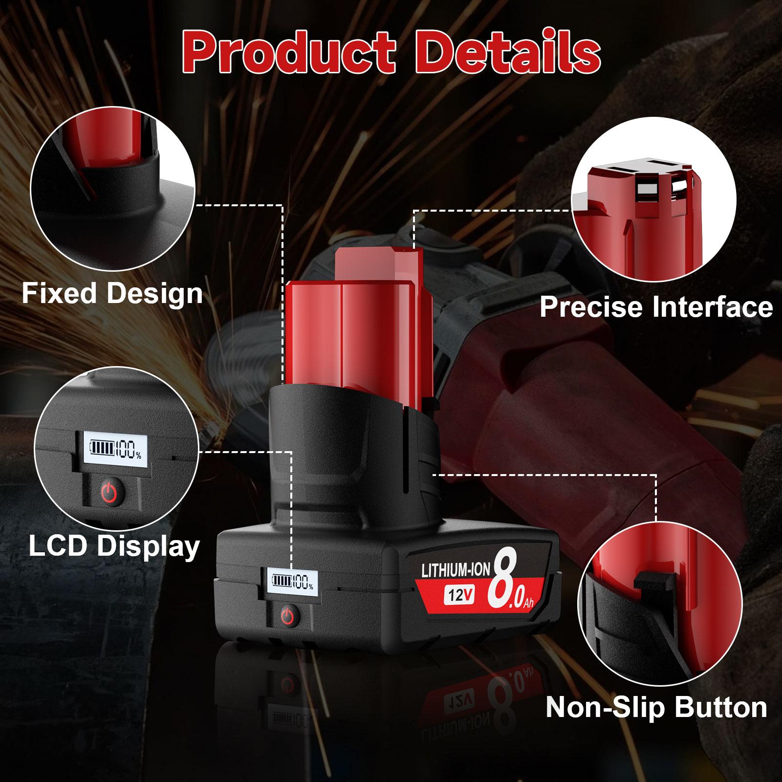 Upgraded 2Pack 8000Ah Replacement for Milwaukee M12 Battery Lithium 12V Battery with LCD Display Compatible with 48-11-2401 48-11-2412 48-11-2411 48-11-2420 48-11-2410 Cordless Tools