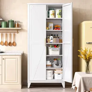 Aobabo 75" Tall White Metal Pantry Cabinet, Heavy Duty Steel Kitchen Storage Cabinets with 5 Adjustable Shelves, Freestanding Food Organizer Utility Cupboard for Home Dining Room Garage & Laundry Room, Assembly Required