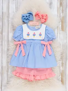 Frozen Delight Ice Cream Embroidered Cotton Bow Outfit