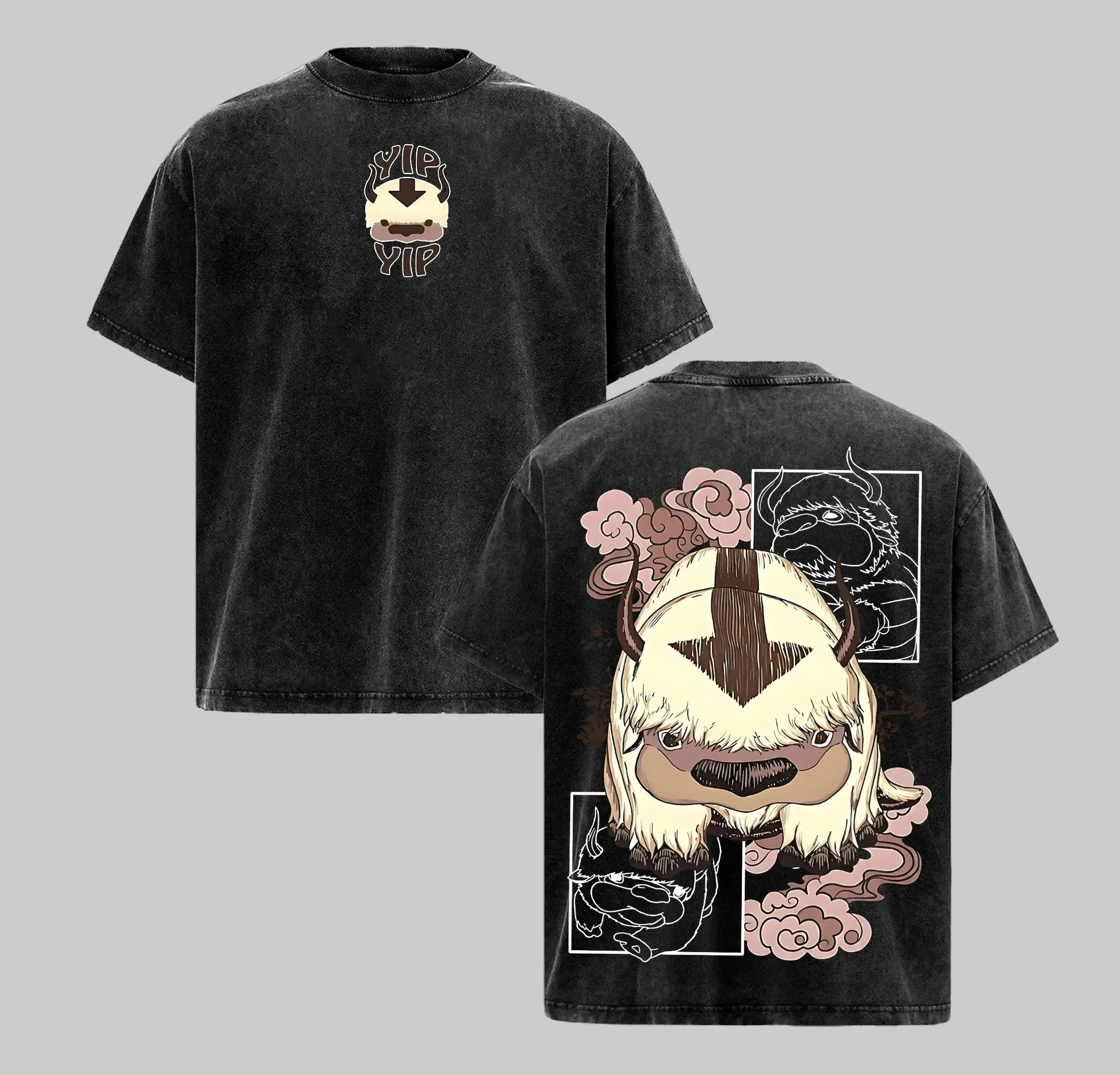 Men's Oversized Graphic T-Shirt, Vintage Washed Heavyweight Cotton, Avatar Appa Anime Streetwear, Unisex Cozy Crewneck Tee, Men's T Shirts