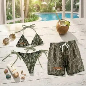 Summer 2026 Couple Beach Set, Mossy Camo Duck Hunting Bikini and Matching Hawaiian Shorts