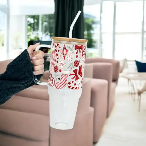 Christmas 40oz Glass Tumbler with Handle, Bamboo Lid & Straw, Holiday Gift