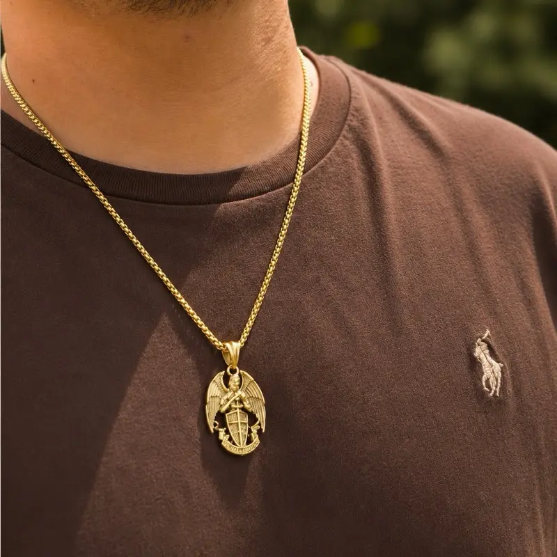 Premium Stainless Steel Saint Michael Pendant Necklace Christianity, Waterproof for Men 24in Chain, Changeable Chain