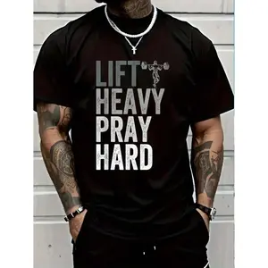 Lift Heavy Pray Hard Cotton Christian Faith Gym Jesus T-Shirt For Men Cool Comfy Graphic Tees Ideal for Workouts & Summer