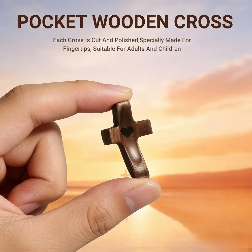 3/6Pcs Pocket Wooden Cross Decorations - Handheld Heart Engraved Anxiety Relief Fidget Cross, Spiritual Gift for Stress Relief, Perfect for Prayer & Religious Comfort