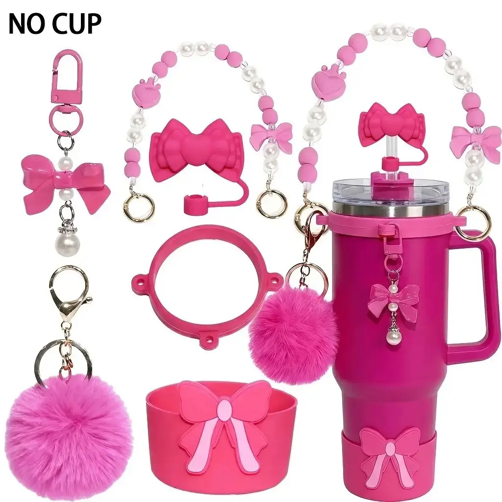 6pcs Set for 40oz 30oz Tumbler, Drinkware Accessories, Straw Toppers For Tumblers, Include Bow Straw Cover, Silicone Straw Topper, Pearl Handle Chain, Silicone Boot, Pompom Charm, Gift for Women Girls, Ideal for Valentine'S Day
