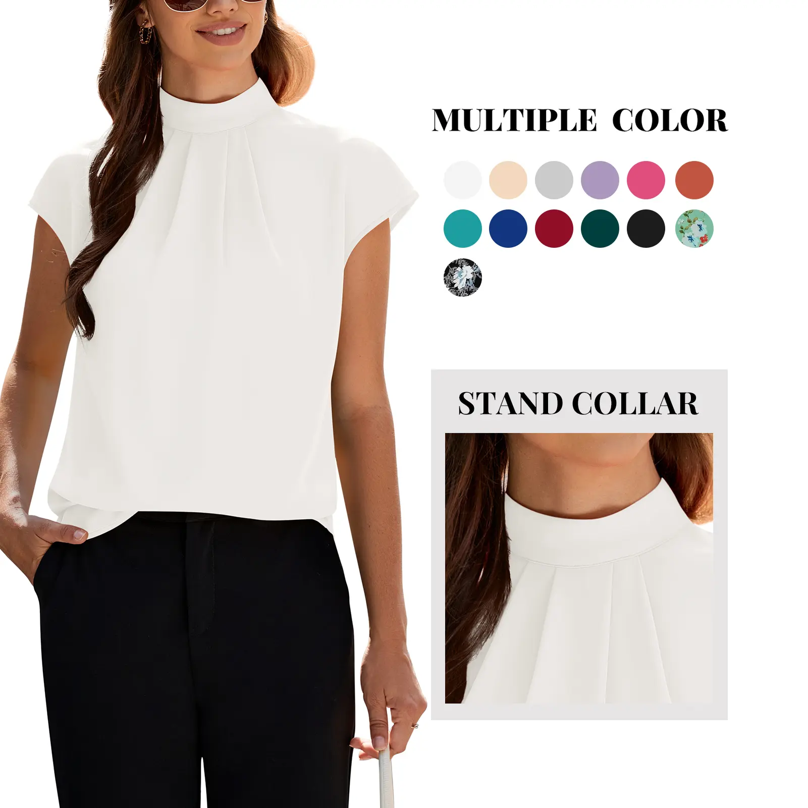 Women's Short-Sleeve Mock Neck Chiffon Blouses - Premium Basic Fabric Minimalist Formal Tunics with Soft Front Pleated Stand Collar, Foldable Office Work Shirts, Blazer-Ready for Spring Summer, Interviews, Going Out, Basic Style, Refer to Size Chart sohoc