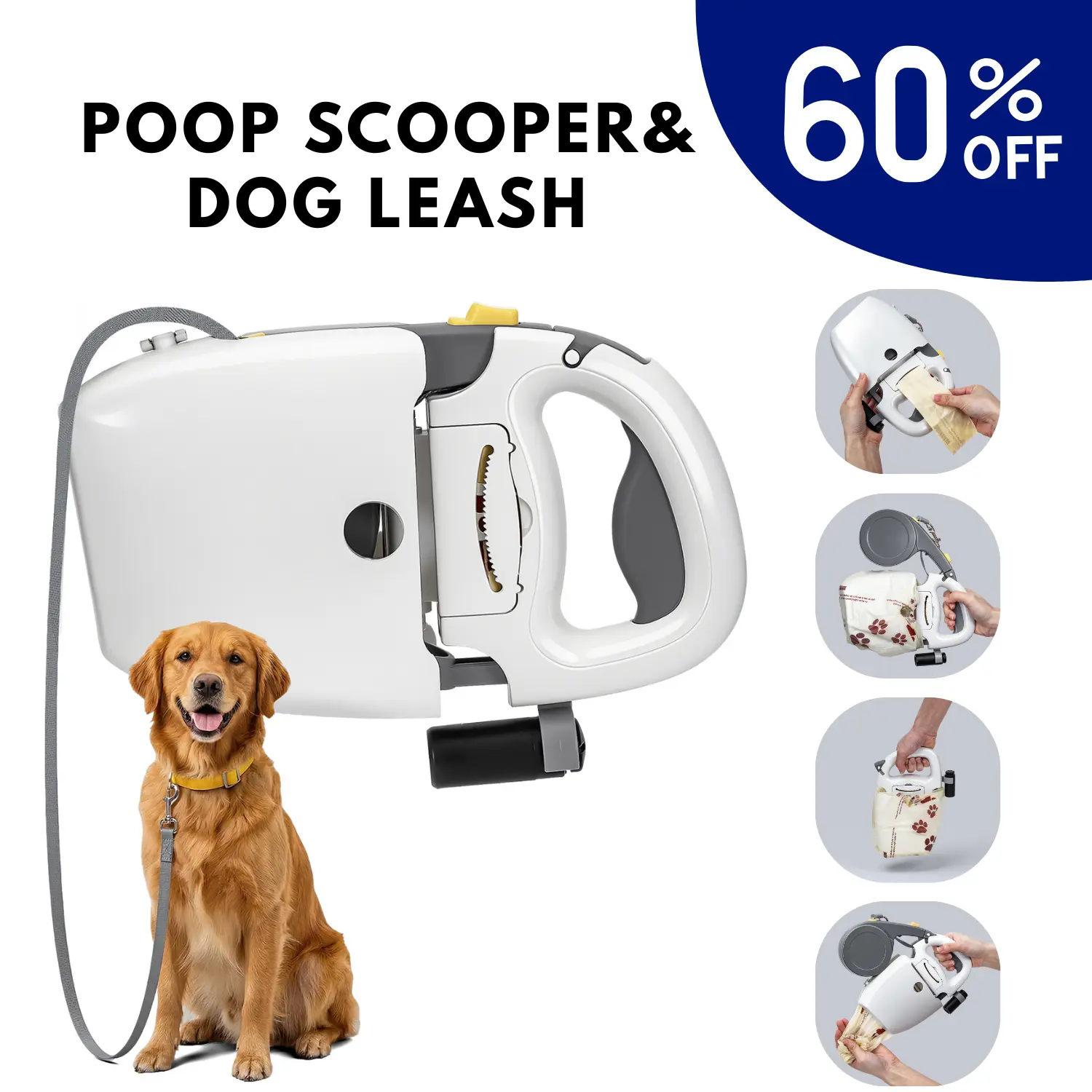 Dog Leash, Pooper Scooper & Rechargeable LED Light, With Poop Bags, Tangle-Free Walking System for Pets up to 44lbs