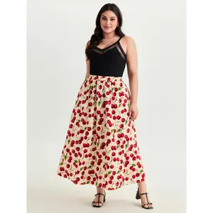 BLOOMCHIC Women's Plus Size Cherry Print Flowy Polyester Maxi Skirt - Smooth Soft Fabric, Functional Pocket, Flattering Fit Bottom Garment [M-6X] 2026 Summer Vibes, Deals for Women's Skirts