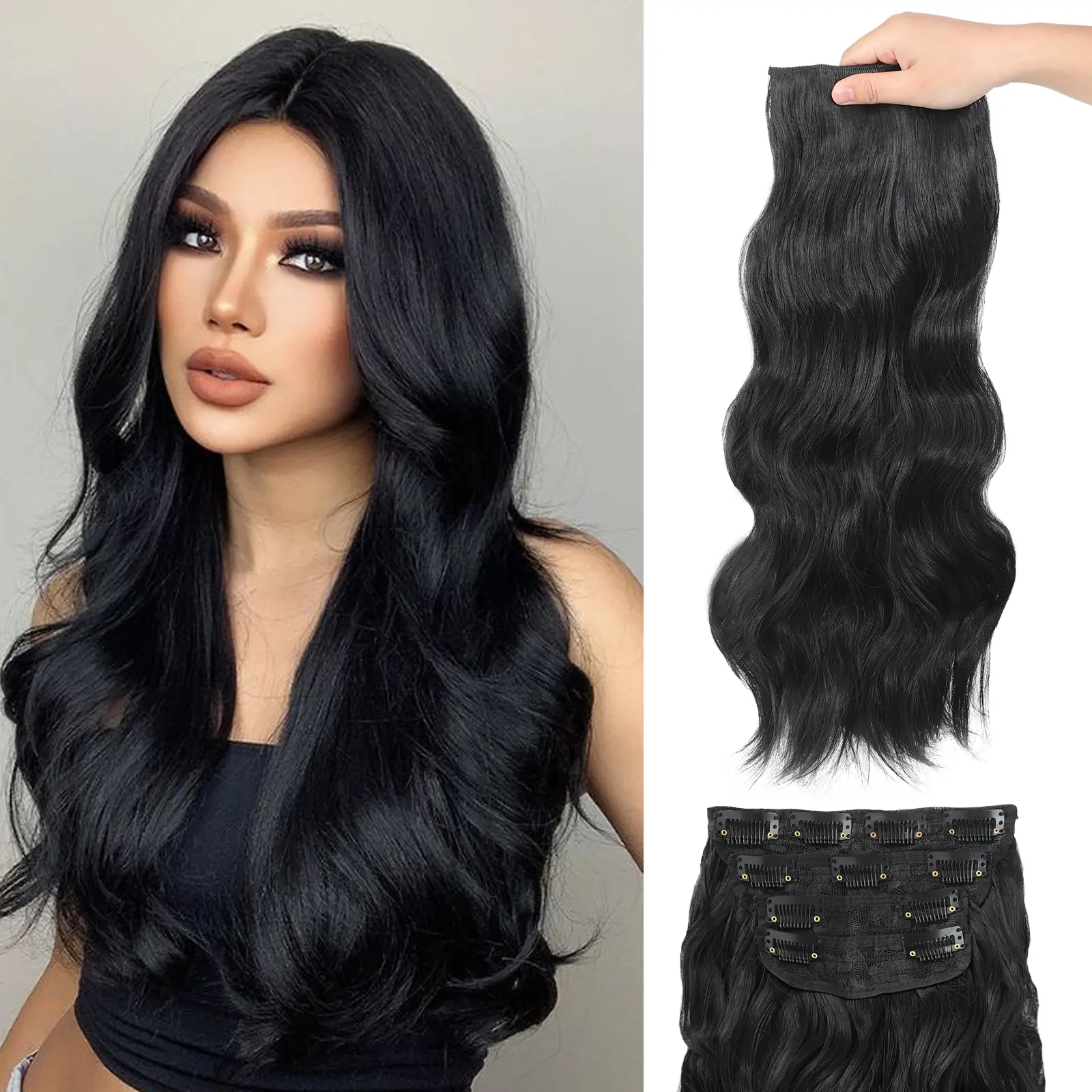 Vijigia Hair Extensions 24inch Synthetic Long Wave Curly Clip in Hair Extensions for Women 4 PCS Natural & Soft & Full Hair Extensions Clip ins Easy to Wear Hair Pieces for Women Blonde & Black Hair Extensions TikTokShopBlackFriday