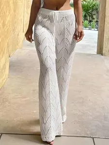 Summer Beach Sun Protection Elegant Chic High Waist Knit Wide Leg Pants with Drawstring, Adjustable, Semi-Transparent, All Season Comfort