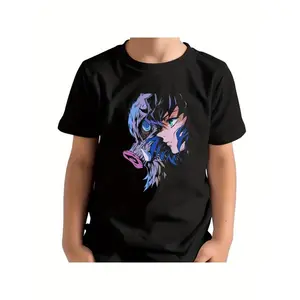 Men'S Vintage-Inspired Inosuke Hashibira Graphic T-Shirt - Black Anime Tee with Blue & Purple Face Design, Regular Fit Crew Neck Shirt for Anime Fans, Casual Casual Attire & Themed Events - Non-Stretch Fabric All-Season Apparel, Anime T Shirt